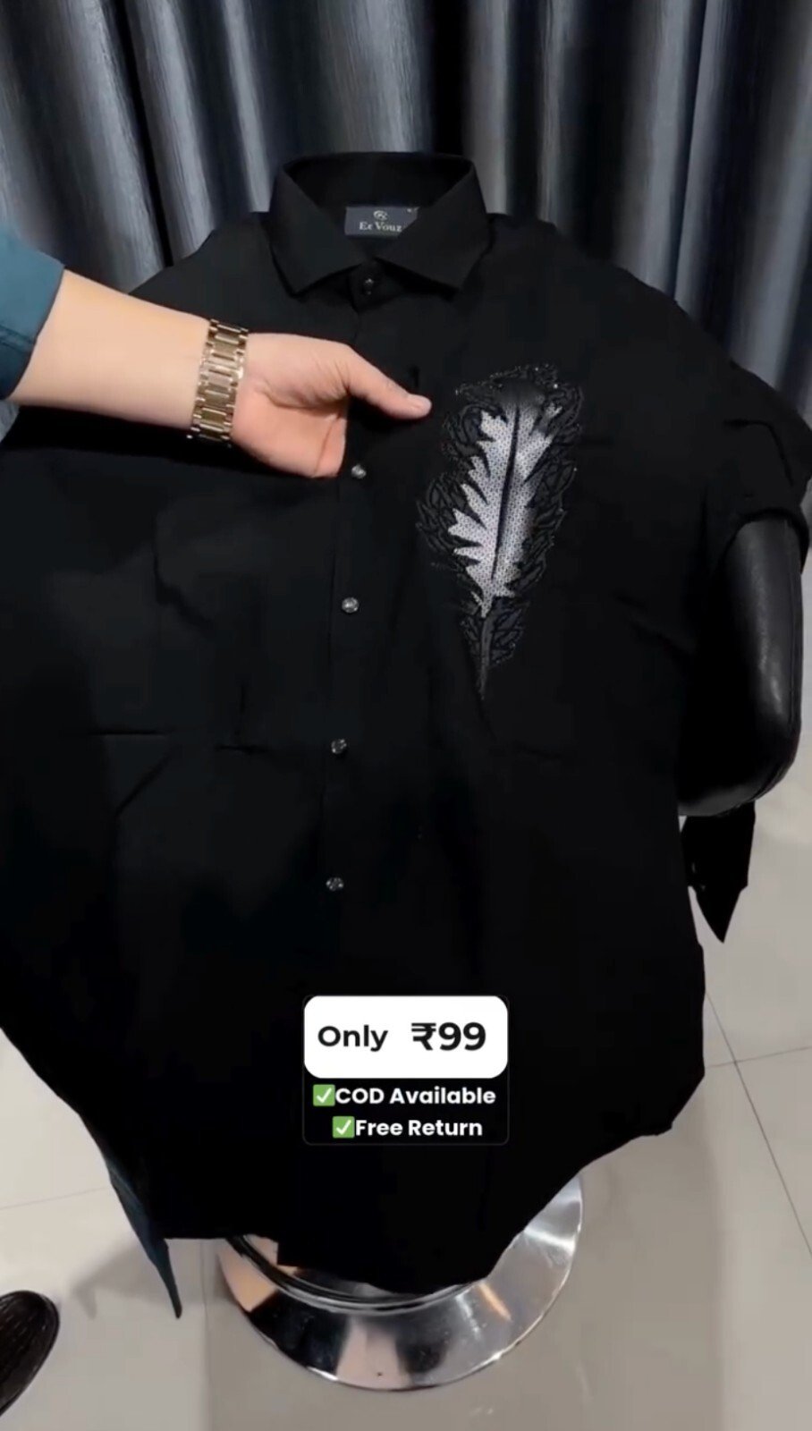 Men's Black Feather Embellished Shirt