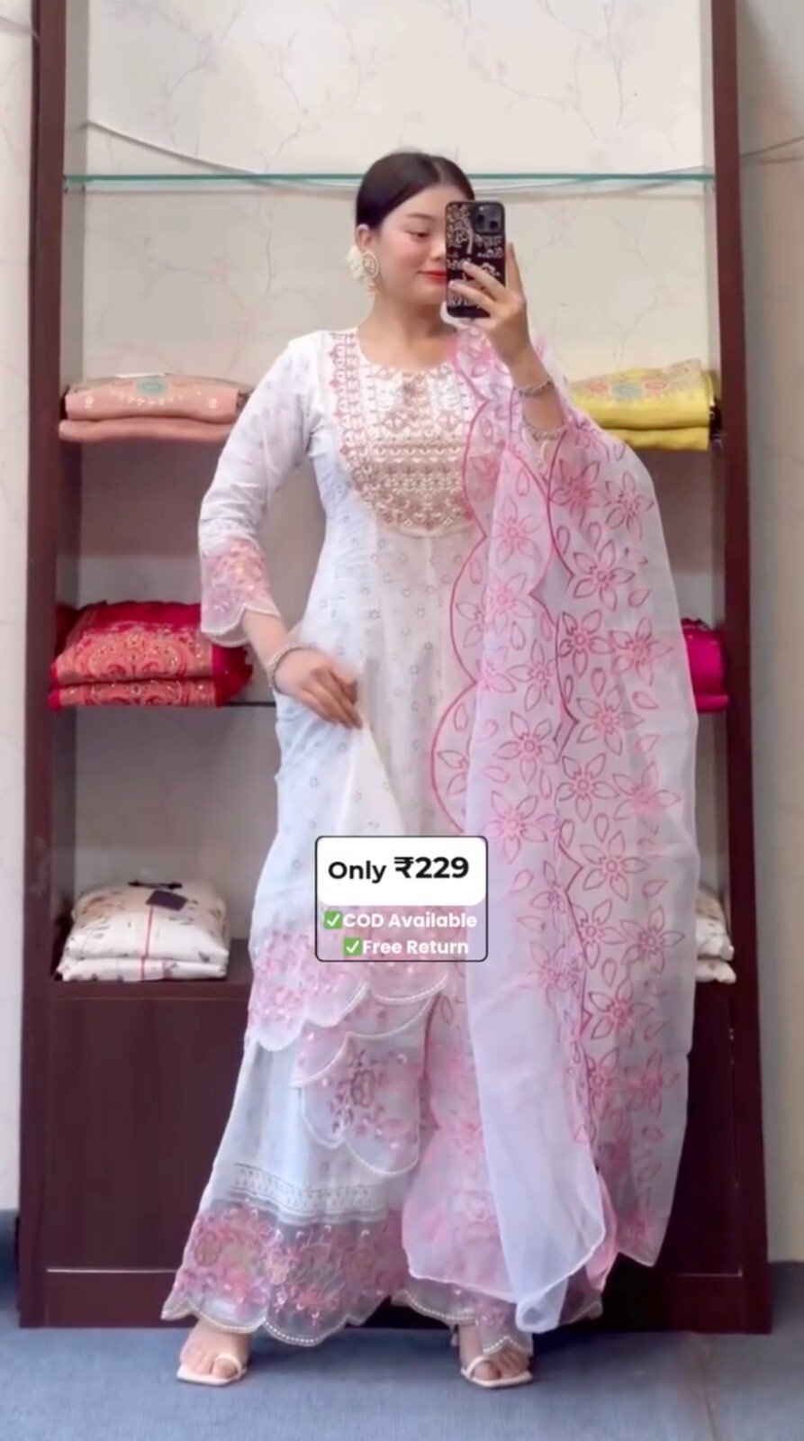 White and Pink Floral Embroidered Suit Set